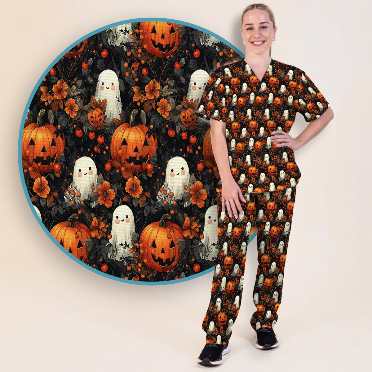 Spooky Ghost Pumpkin Nurse Scrub Set