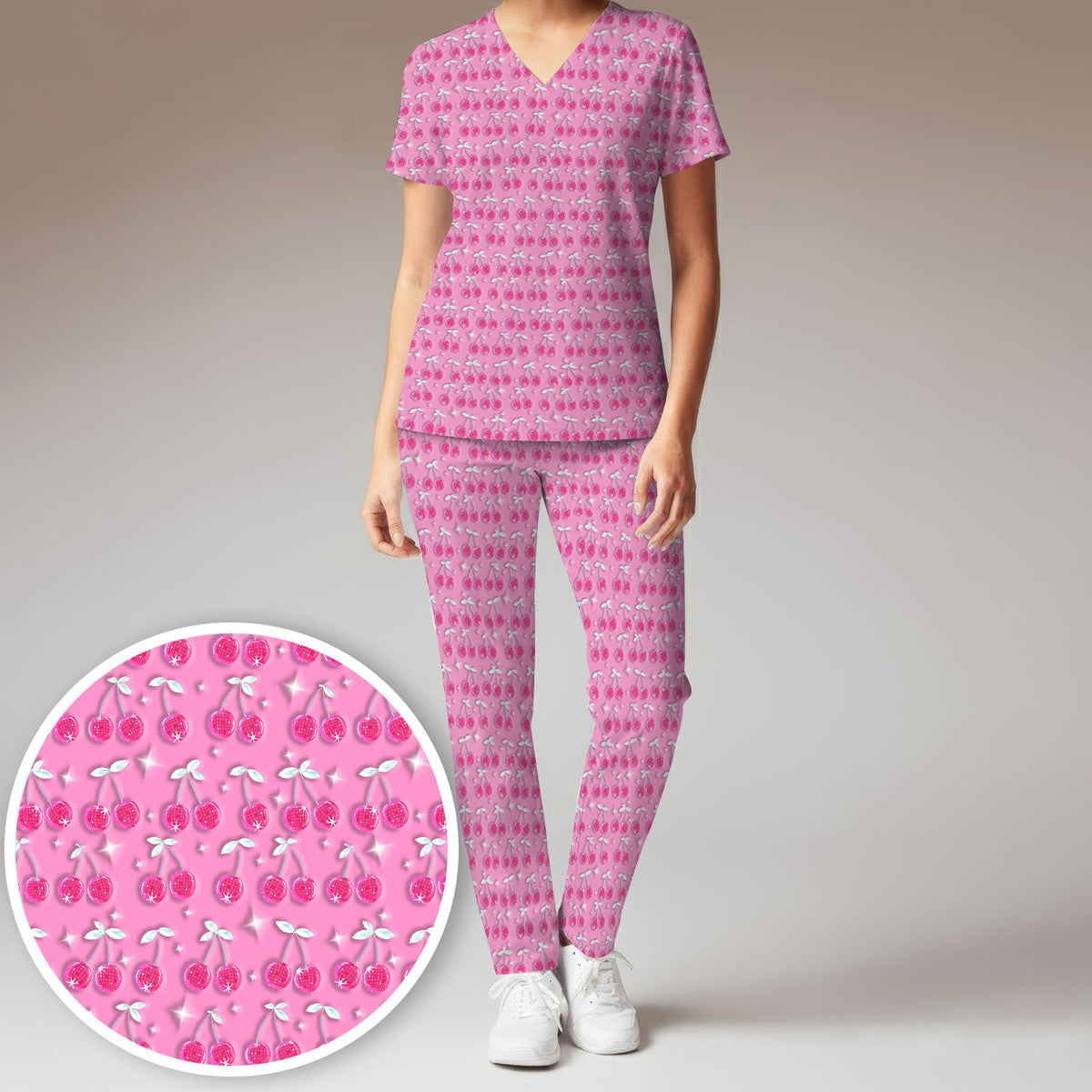 Pink Cherry Sparkle Nurse Scrub Set