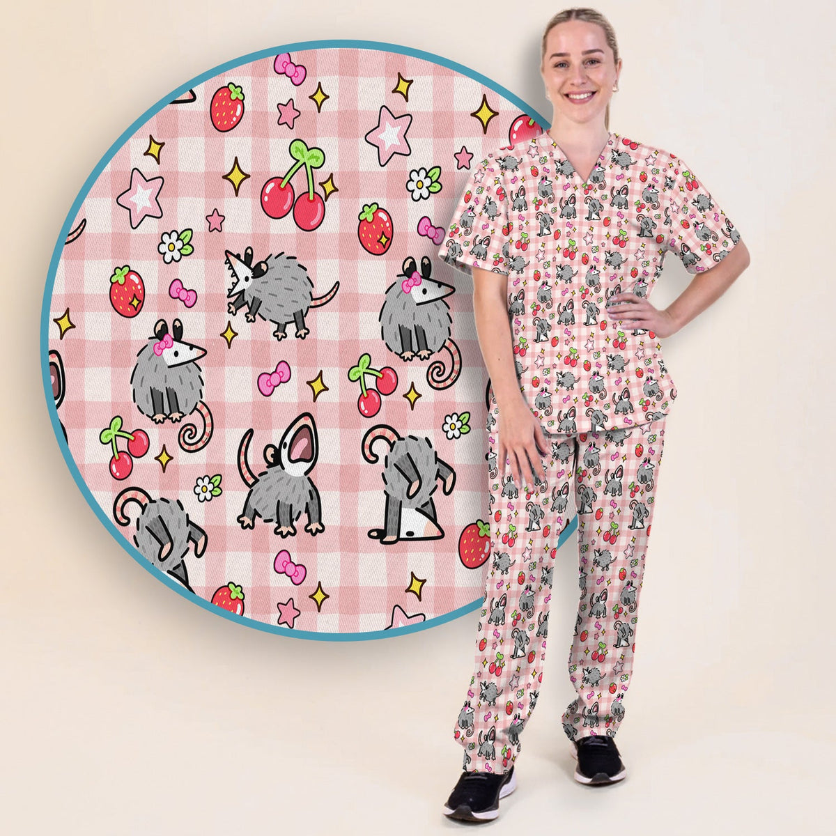 Opossum And Cherries Gingham Nurse Scrub Set