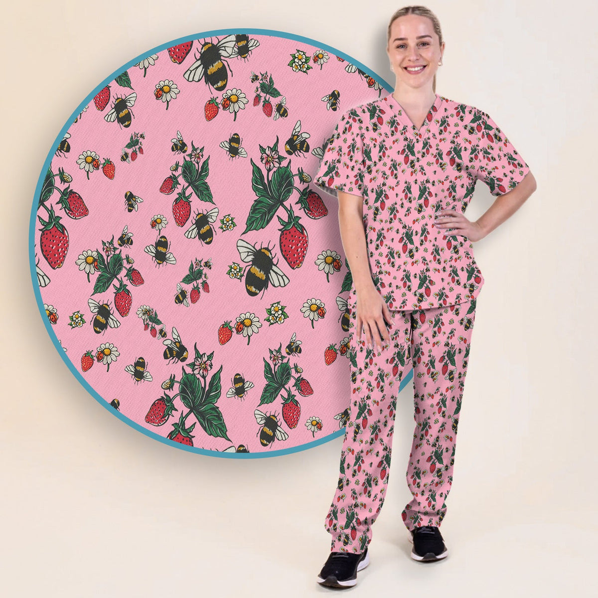 Strawberry Bee Daisy Nurse Scrub Set