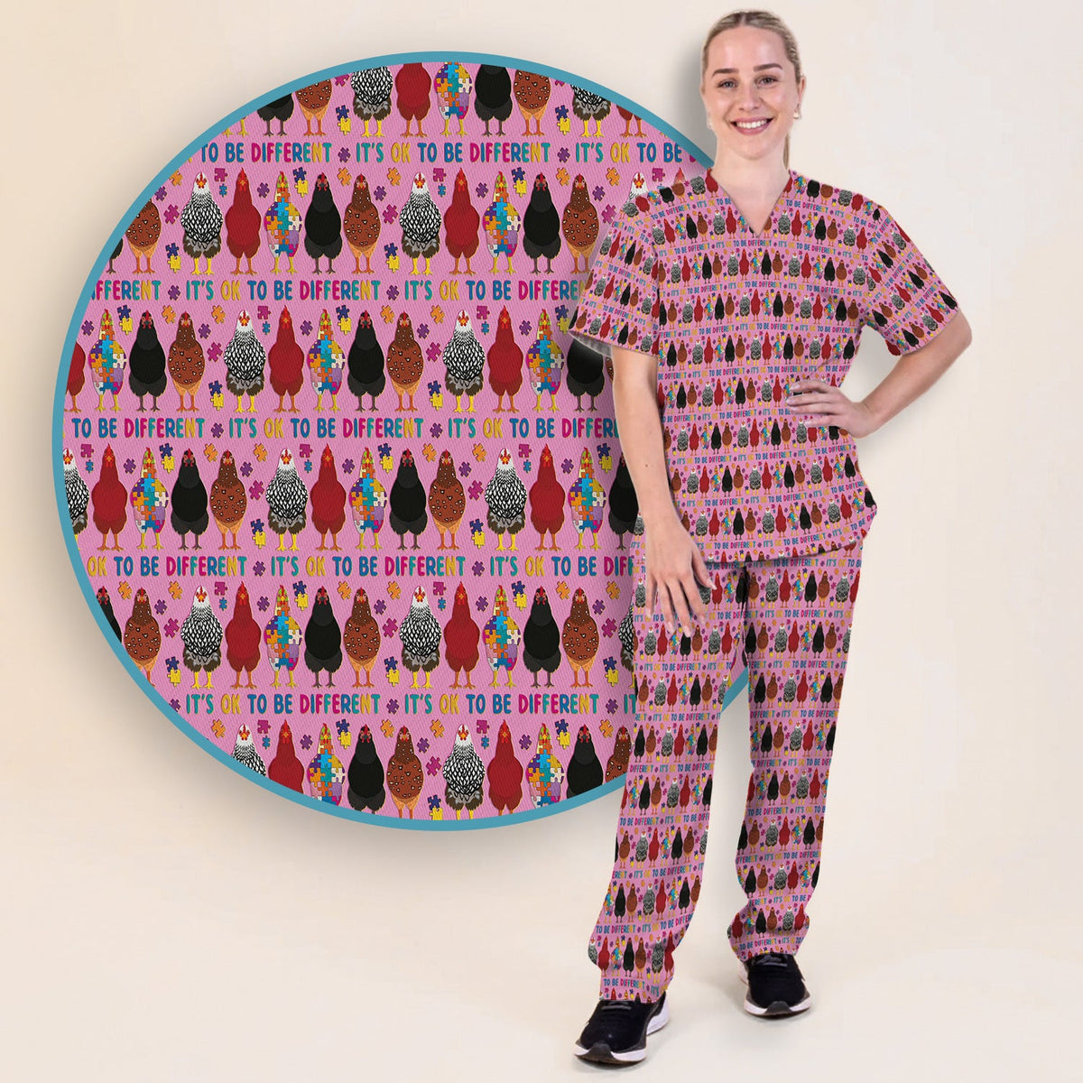 Autism Chicken It's OK To Be Different Nurse Scrub Set