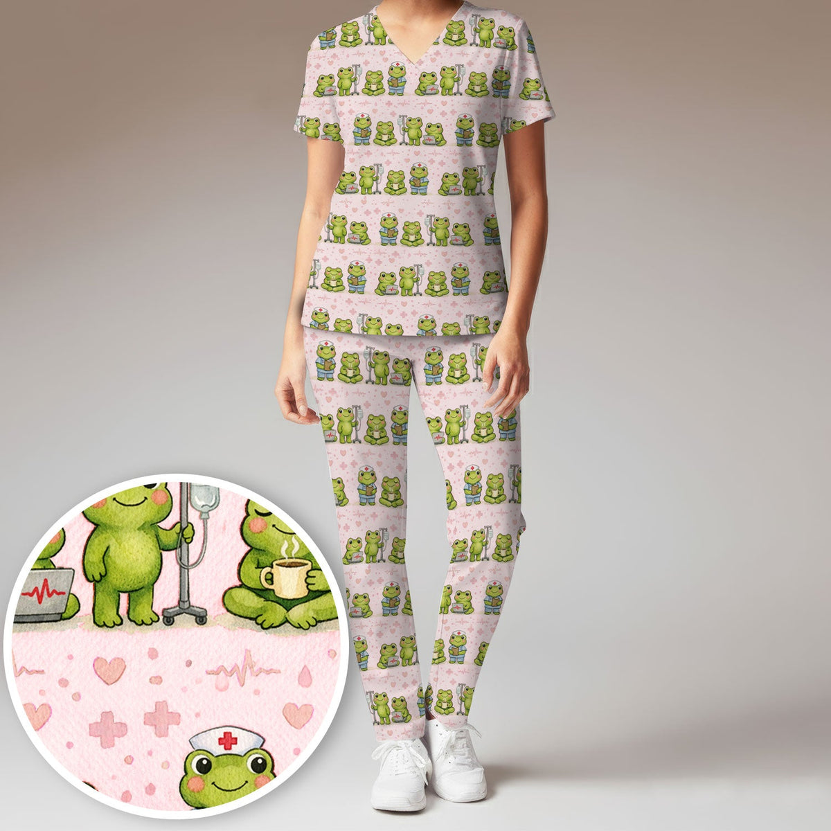 Adorable Frog Various Poses Nurse Scrub Set