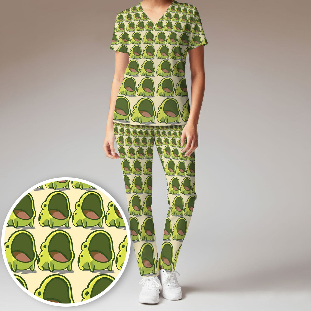 Green Frog Cartoon Nurse Scrub Set