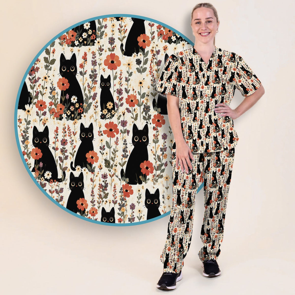 Cute Black Cat Wildflower Nurse Scrub Set
