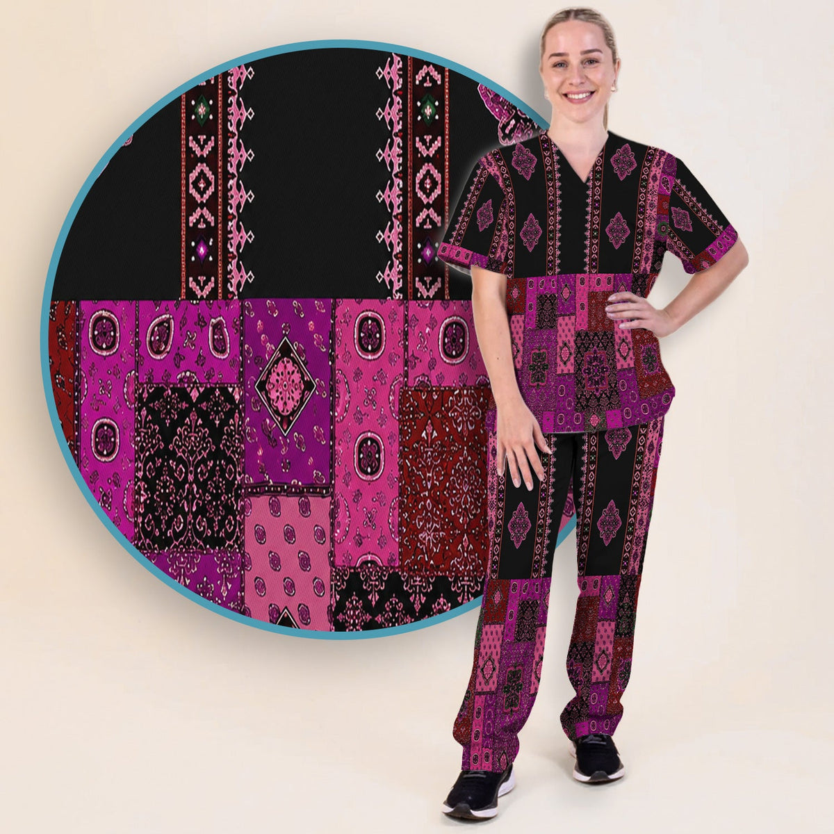 Boho Pink Bandana Patchwork Nurse Scrub Set