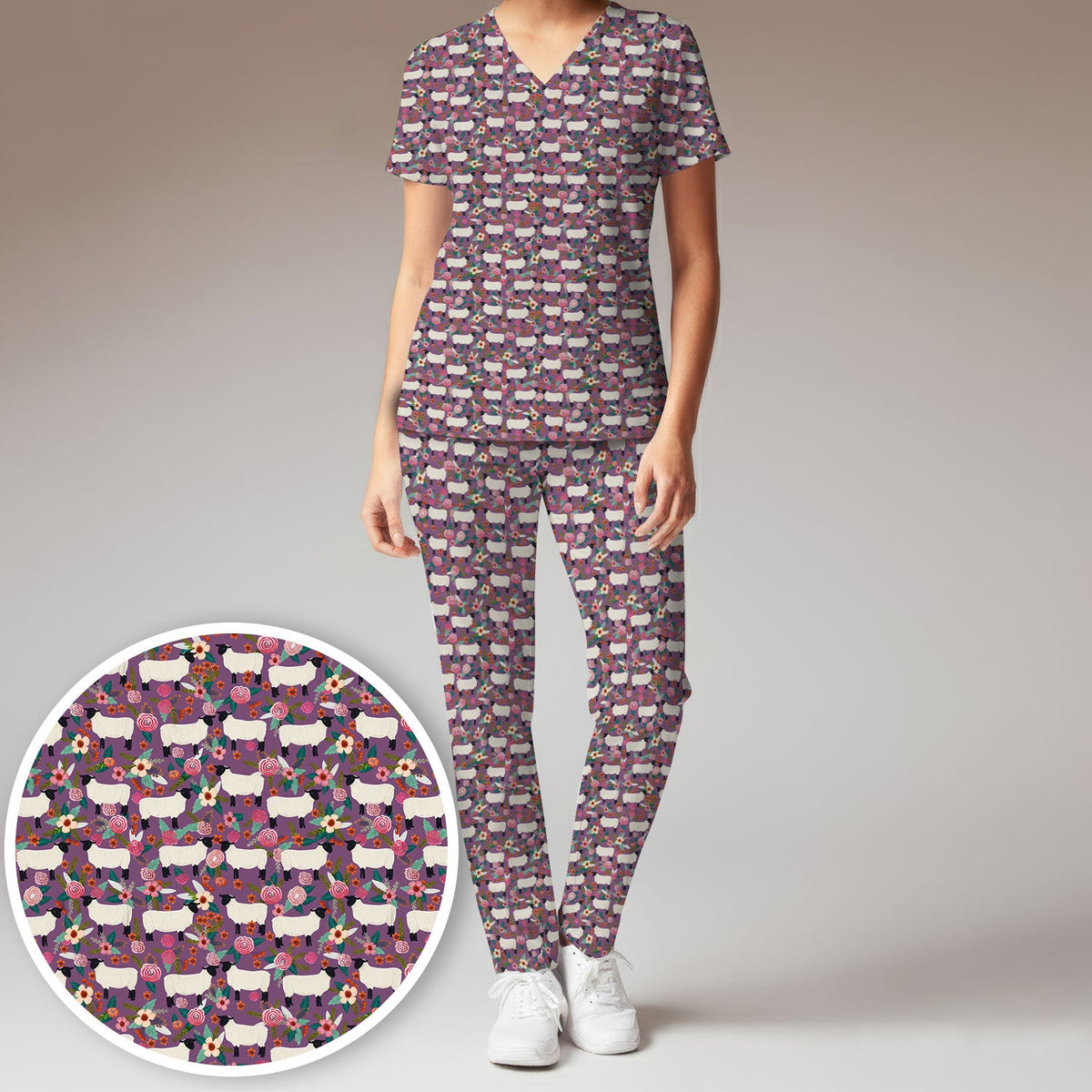Sheep Floral Meadow Nurse Scrub Set