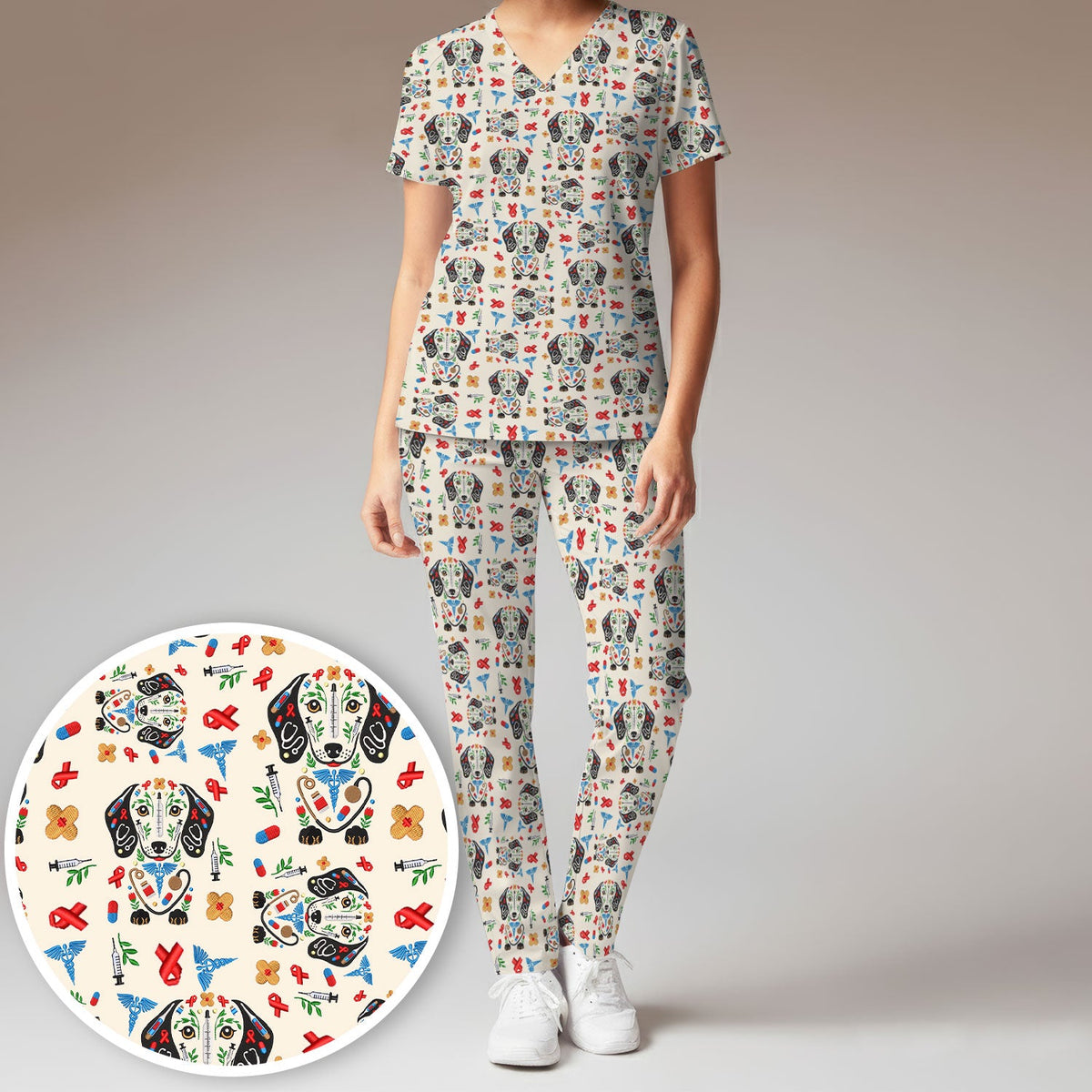 Dachshund Medical Icon Pattern Scrub Set, Women's Scrub Sets