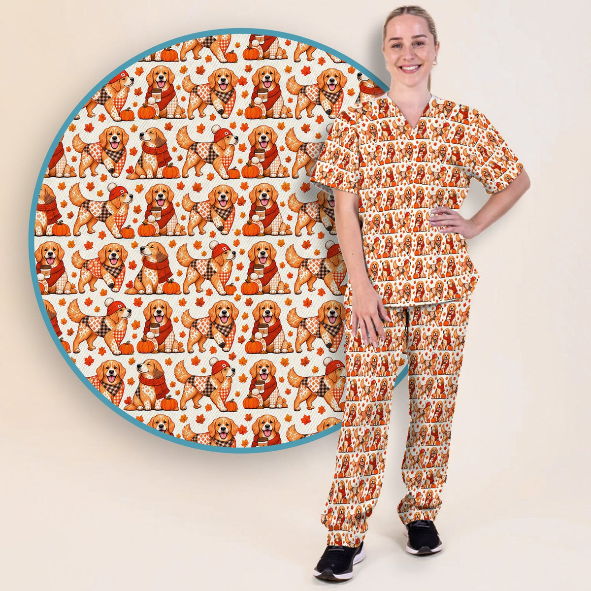 Fall Golden Retriever Pumpkin Nurse Scrub Set