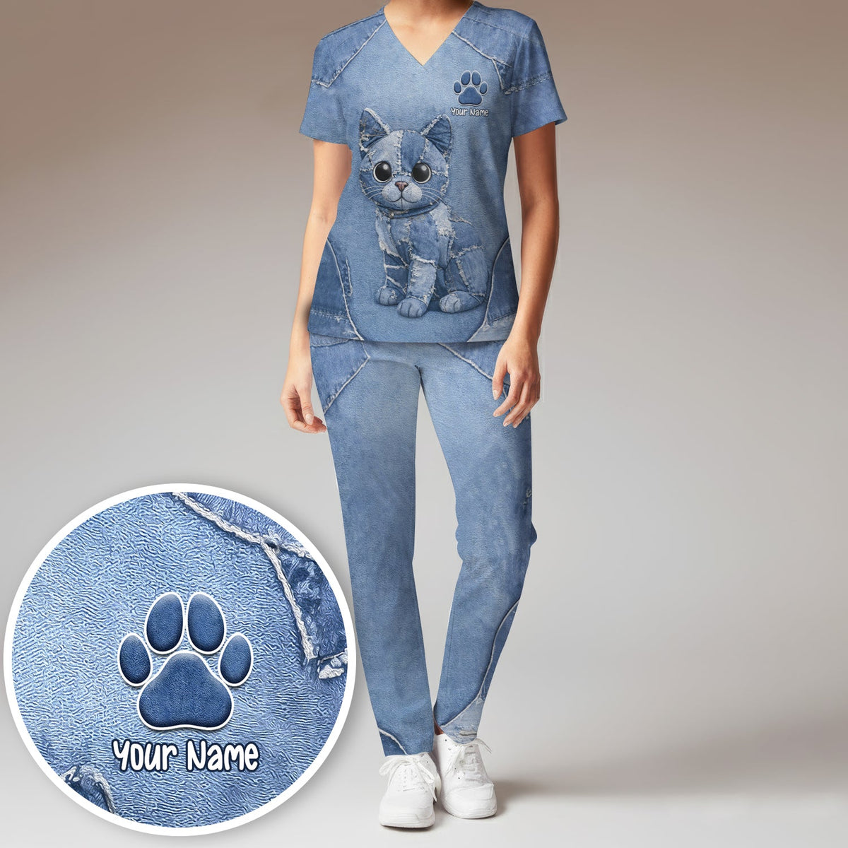 Personalized Patchwork Denim Cat Nurse Scrub Set