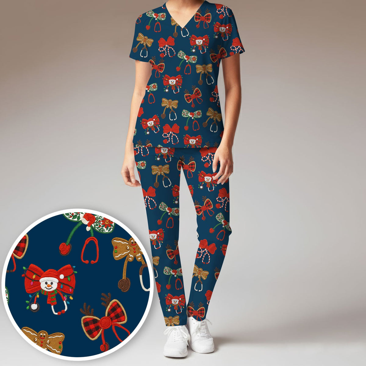 Christmas Stethoscope Bow Nurse Scrub Set