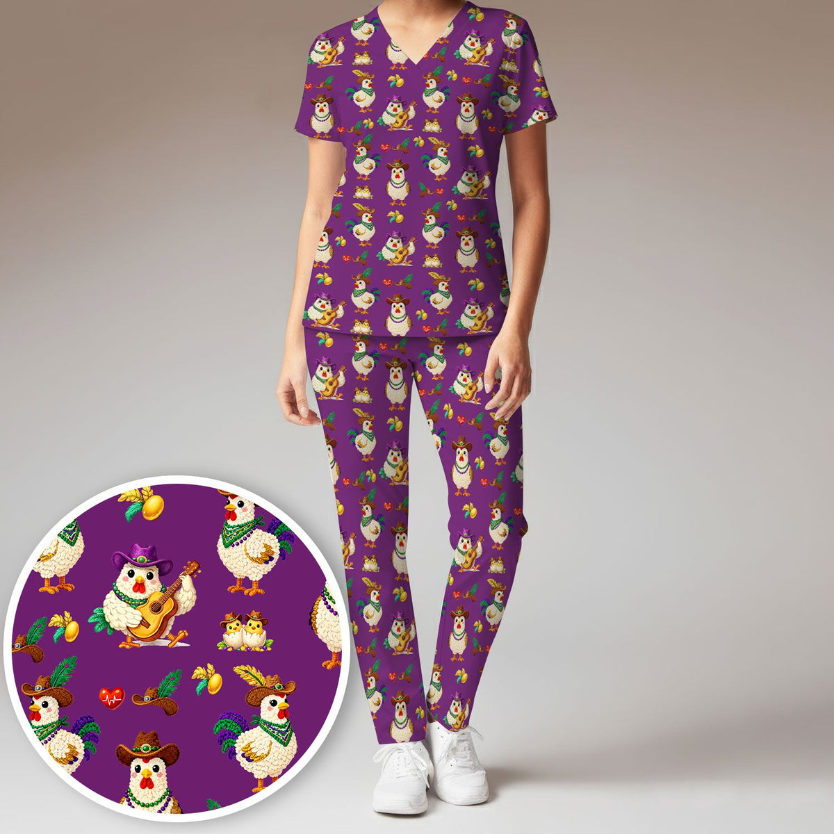Mardi Gras Rooster Cowboy Nurse Scrub Set