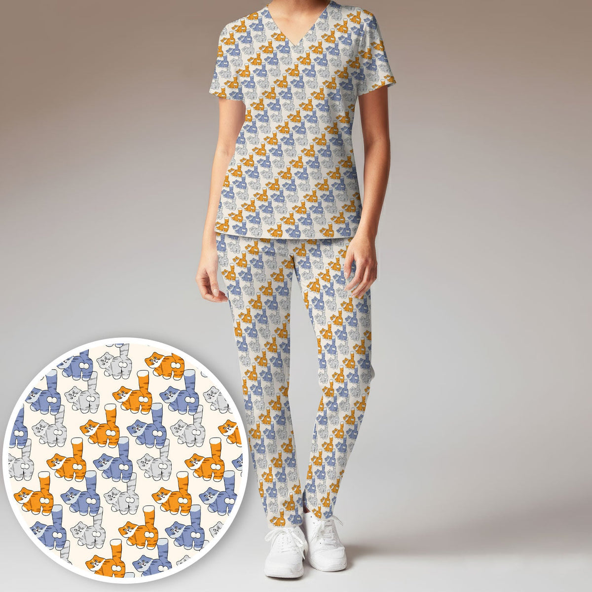 Cartoon Cat Nurse Scrub Set