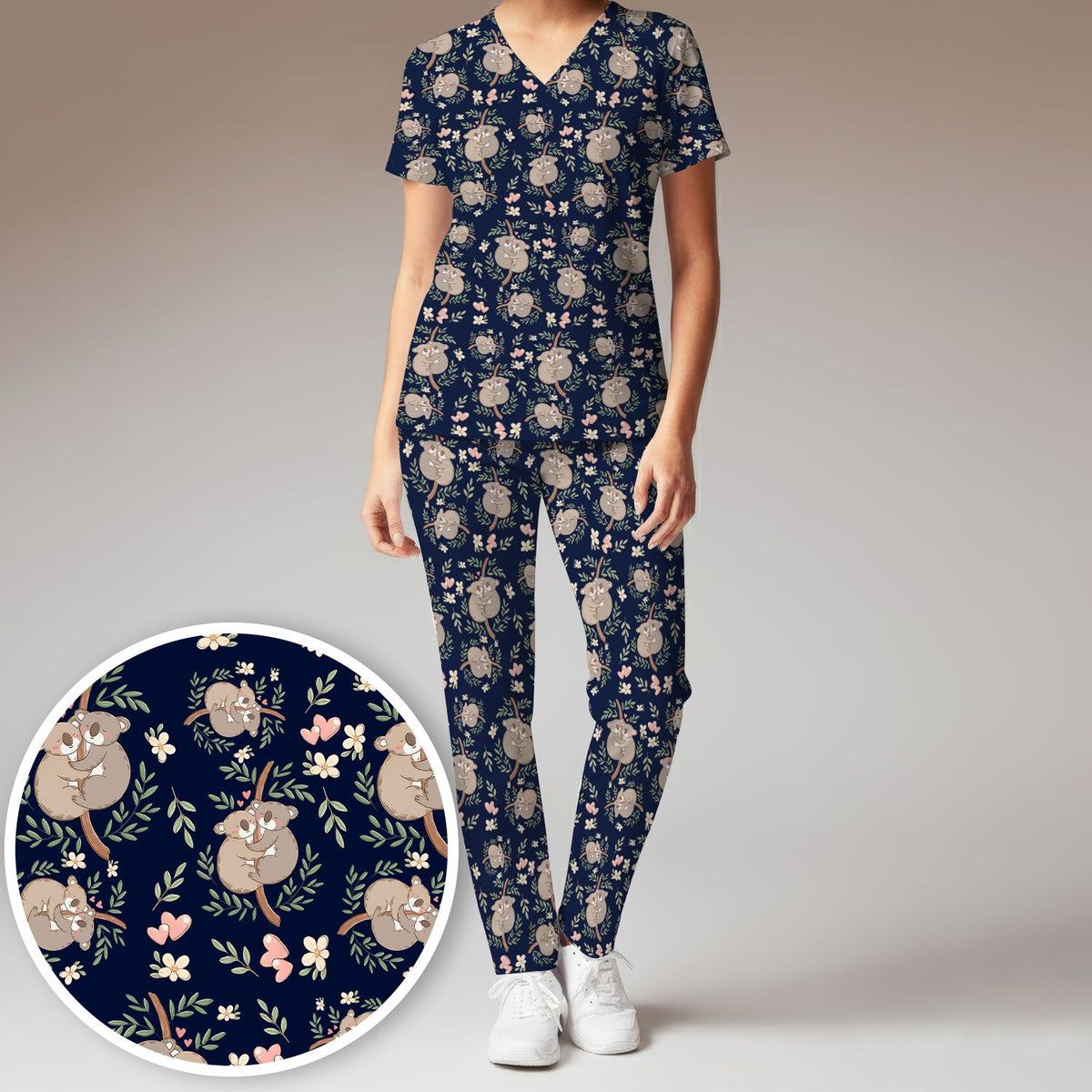 Koala Couple Floral Nurse Scrub Set