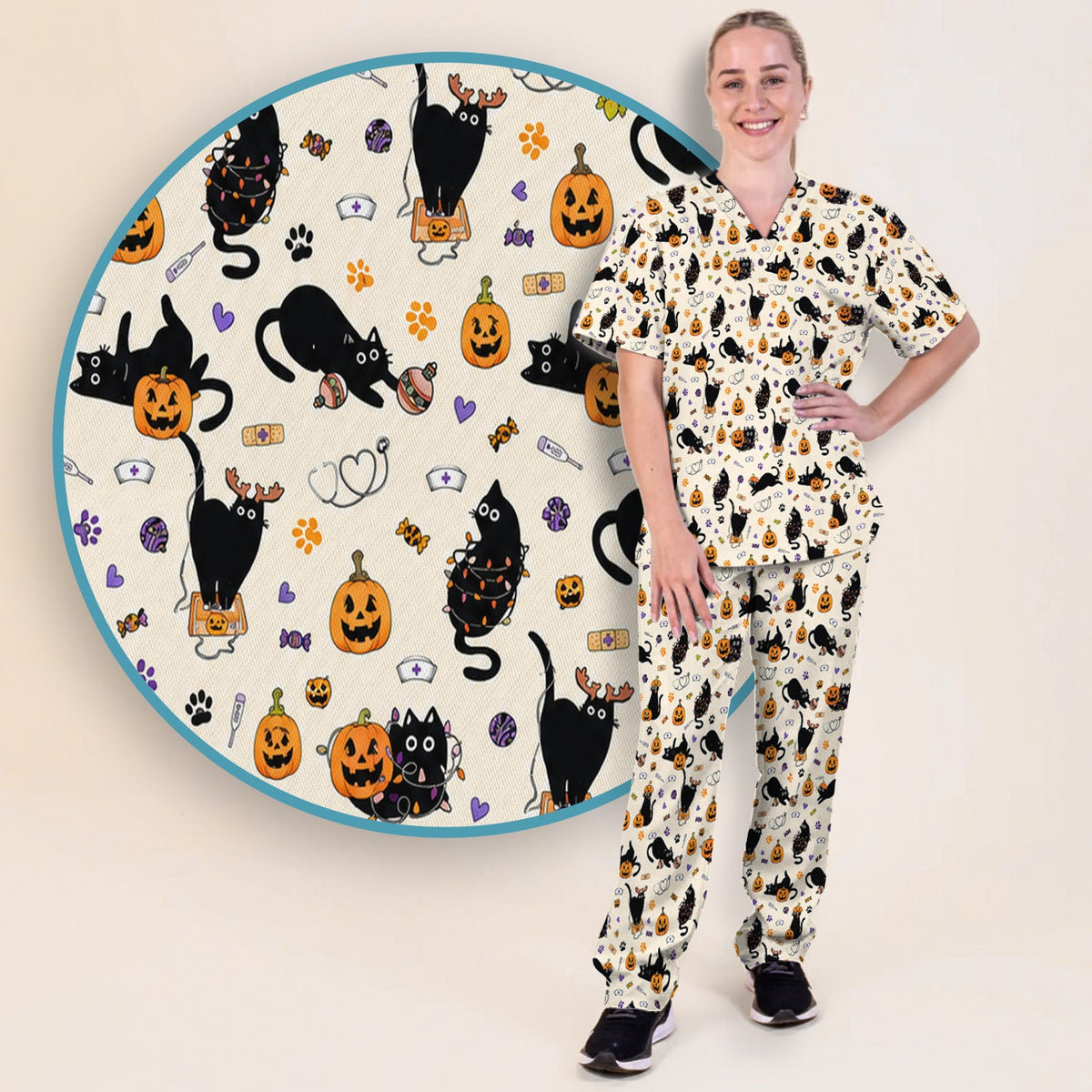 Pumpkin Black Cat Nurse Scrub Set