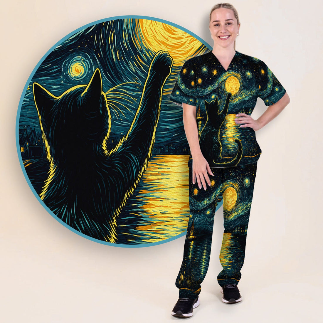 Starry Moonlit Black Cat Nurse Scrub Set