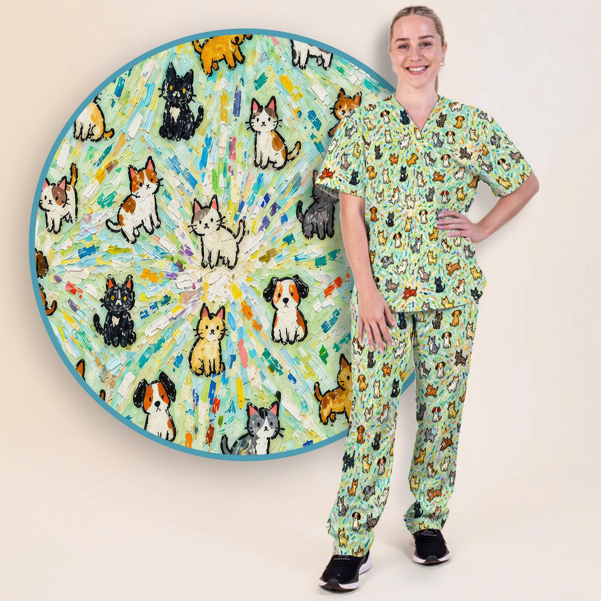 Colorful Cats Dogs Doodle Nurse Scrub Set