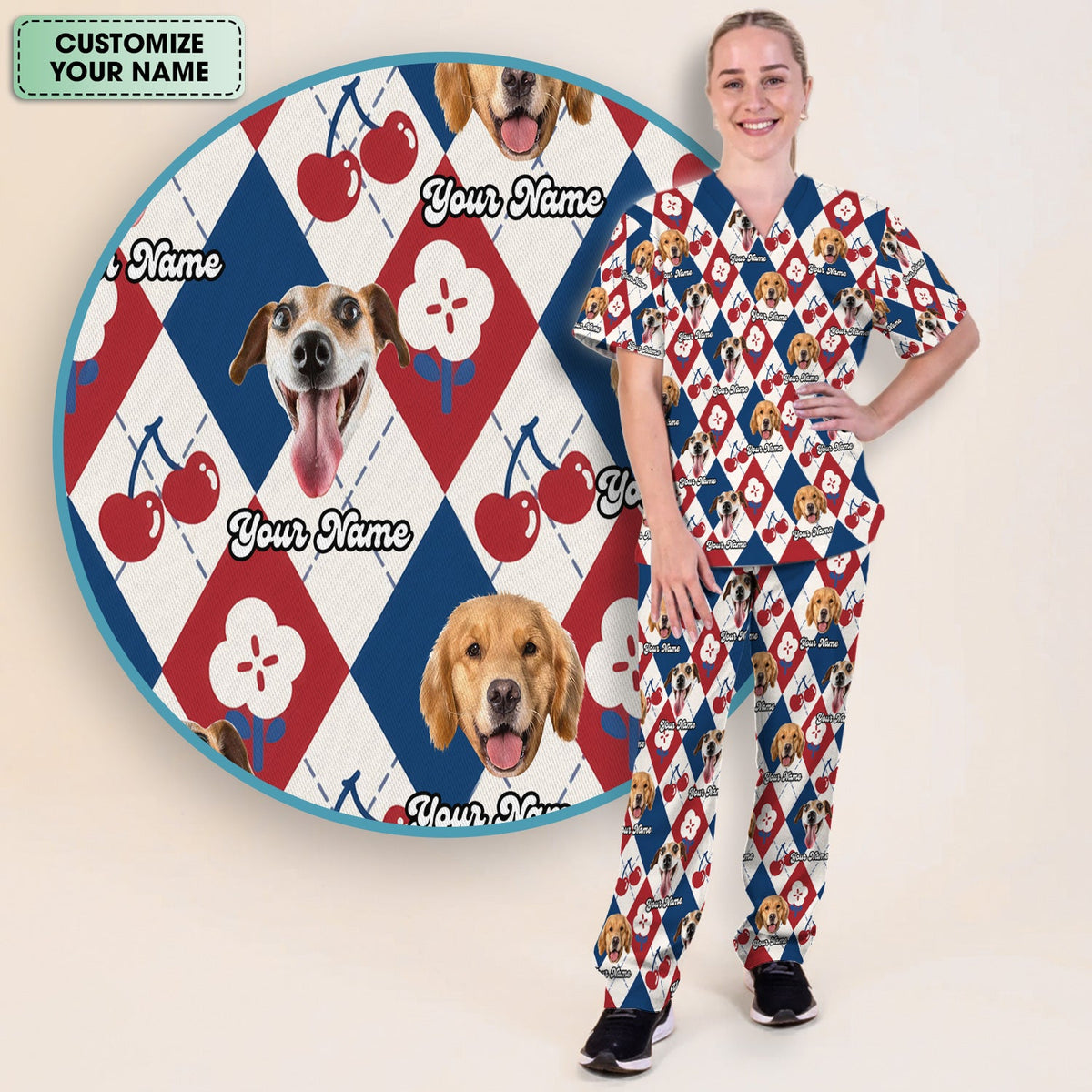 Dog Face Cherry Argyle Nurse Scrub Set