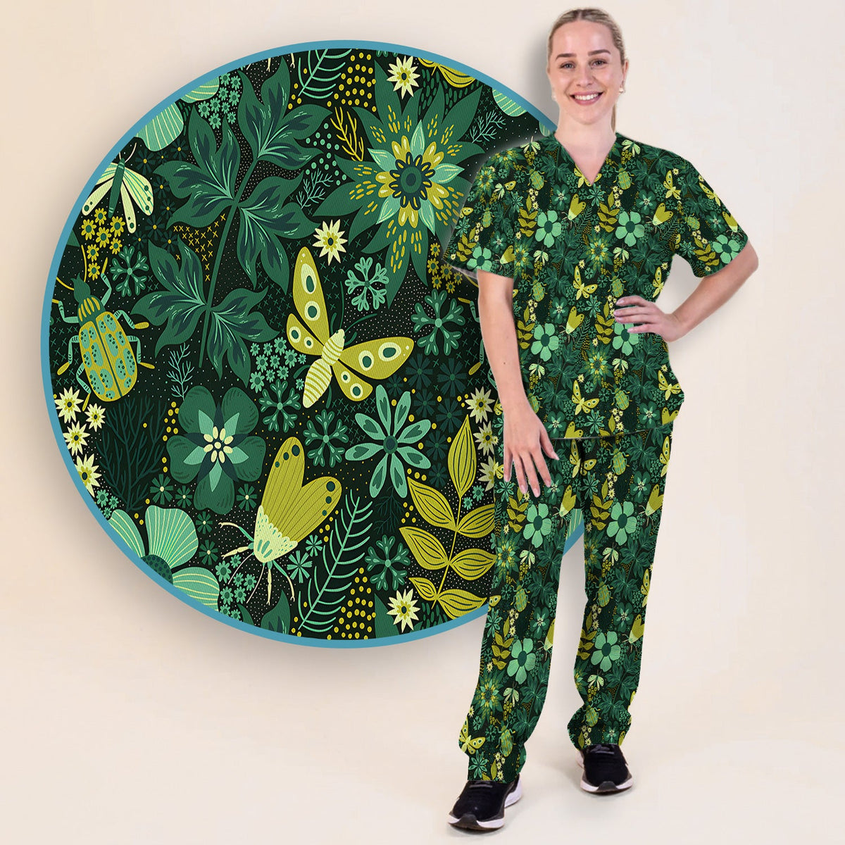 Green Botanical Butterfly Nurse Scrub Set