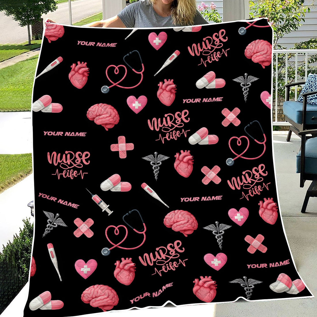 Personalized Pink Heart Brain Pill Nurse Blanket