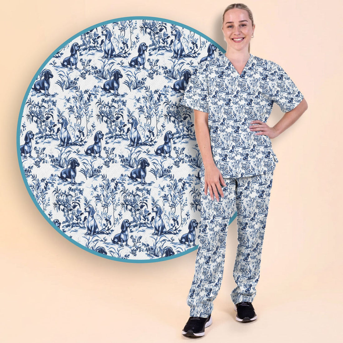 Toile De Jouy Dachshund Nurse Scrub Set
