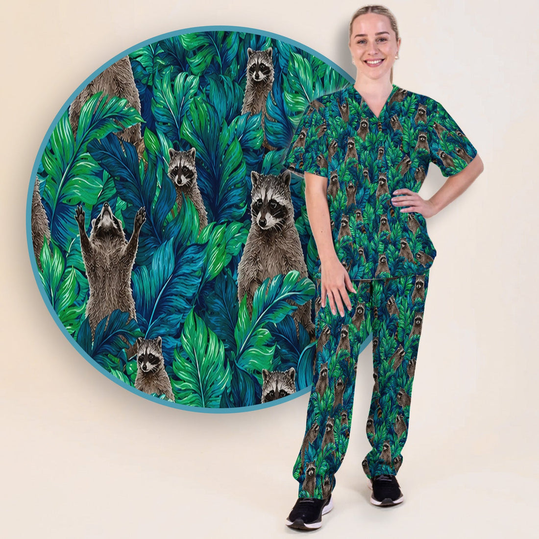 Tropical Raccoon Jungle Leaves Nurse Scrub Set