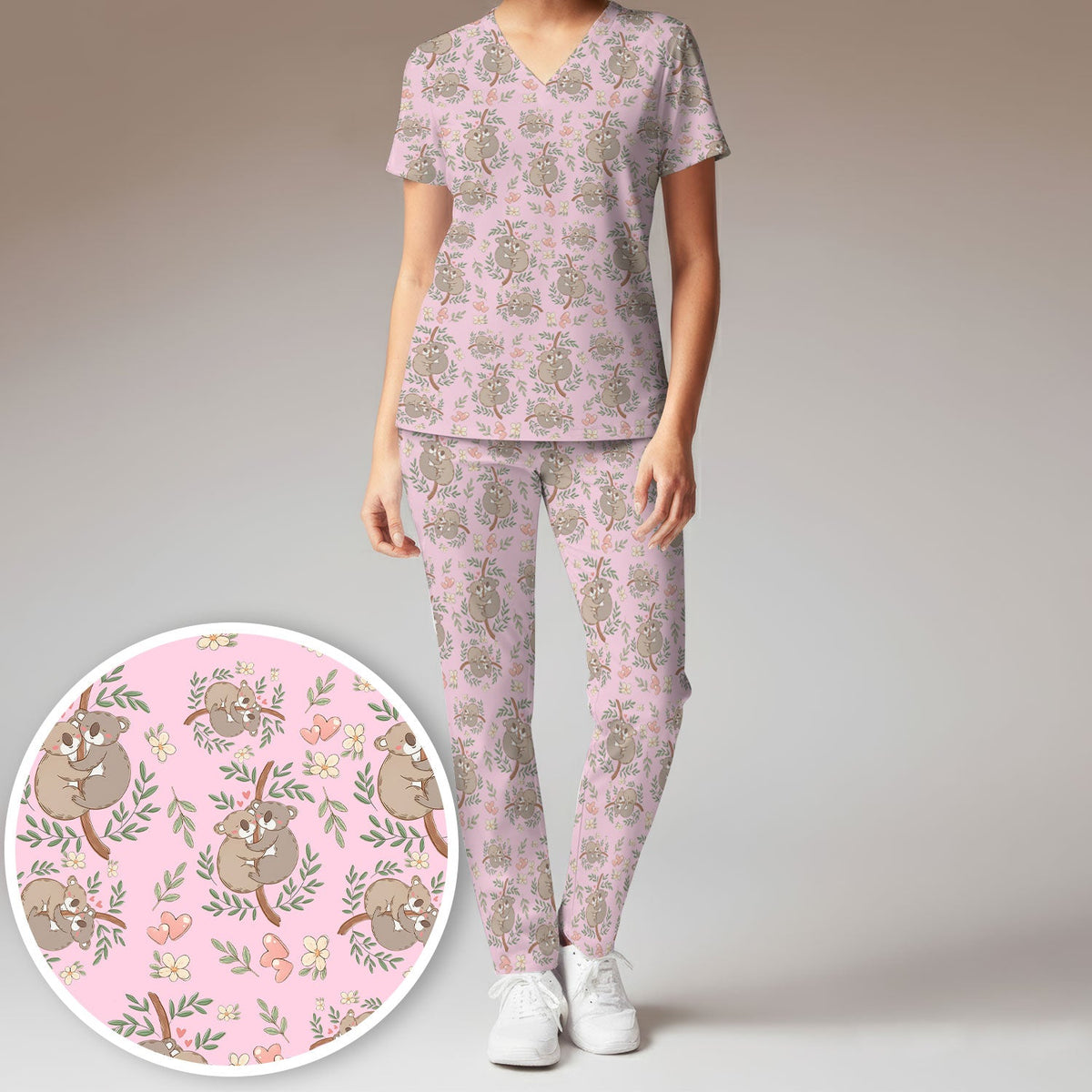 Koala Couple Floral Nurse Scrub Set