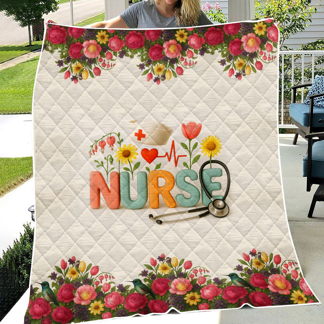 Personalized Floral Stethoscope Nurse Blanket