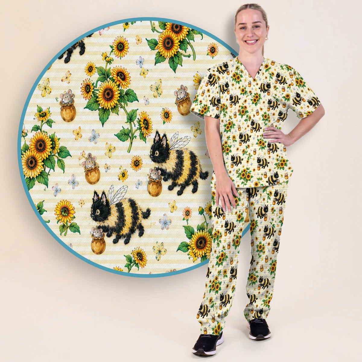Bumblebee Cat Sunflower Nurse Scrub Set
