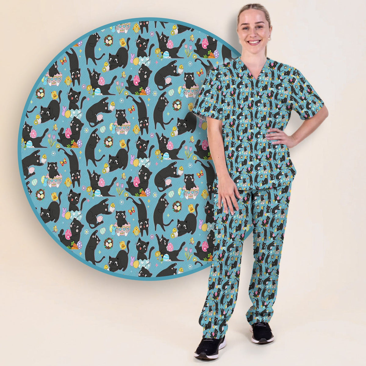 Black Cat Easter Egg Nurse Scrub Set