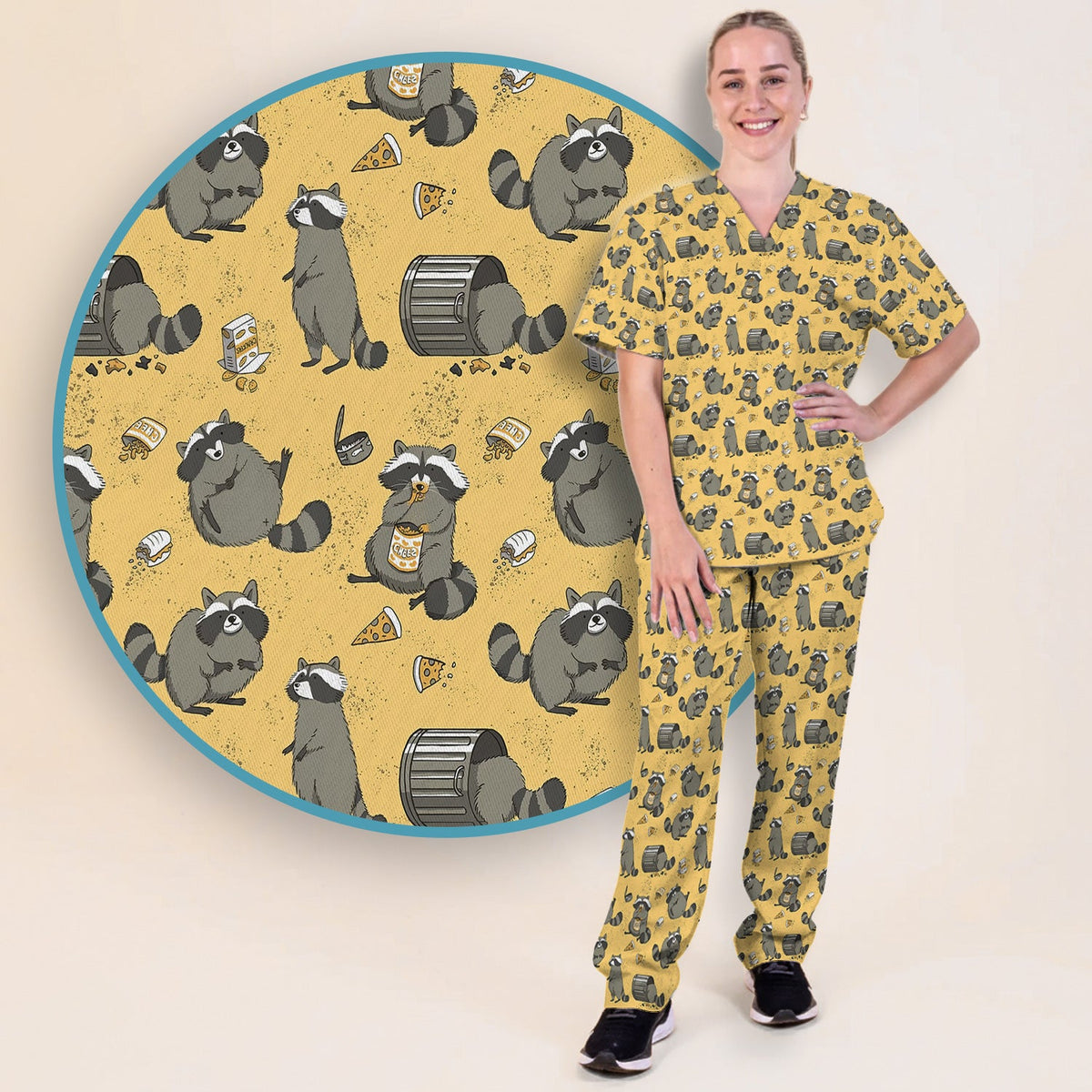 Raccoon Snack Trash Can Nurse Scrub Set