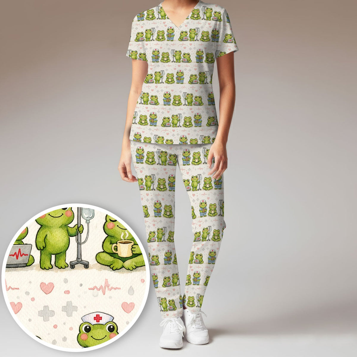 Adorable Frog Various Poses Nurse Scrub Set