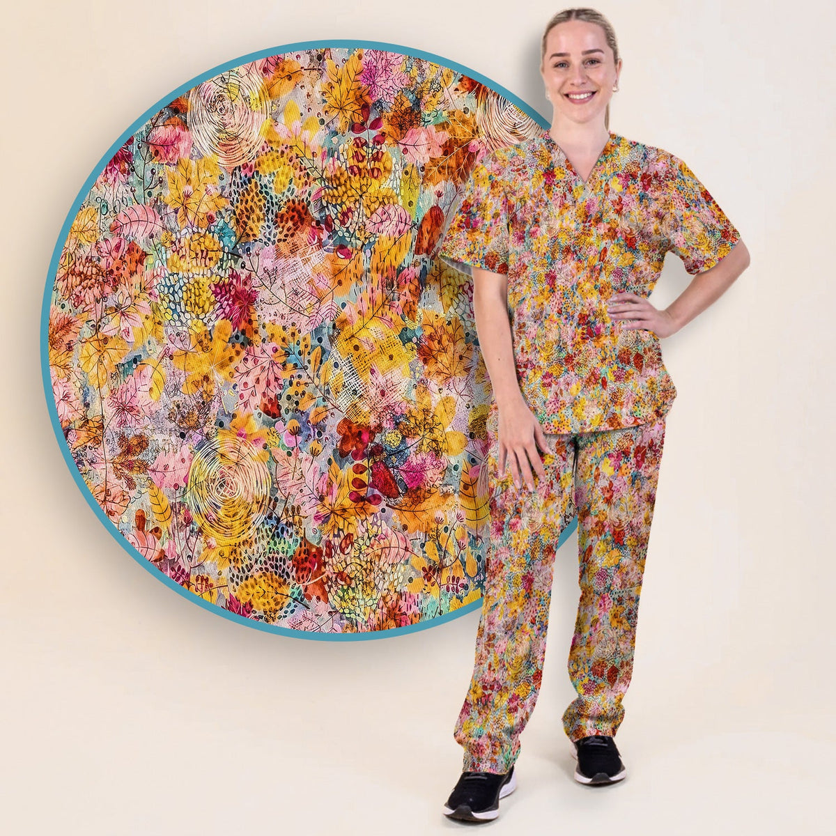 Autumn Floral Leaves Nurse Scrub Set