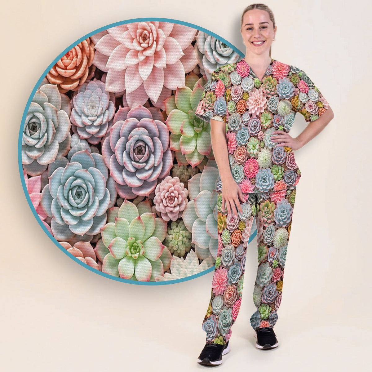 Pastel Succulent Blossom Nurse Scrub Set