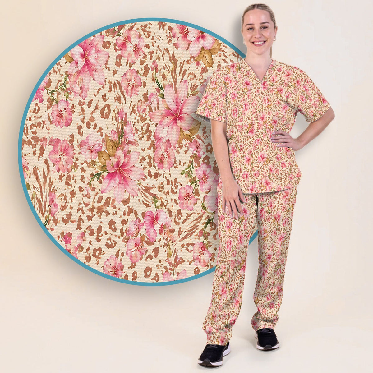 Pink Floral Leopard Nurse Scrub Set