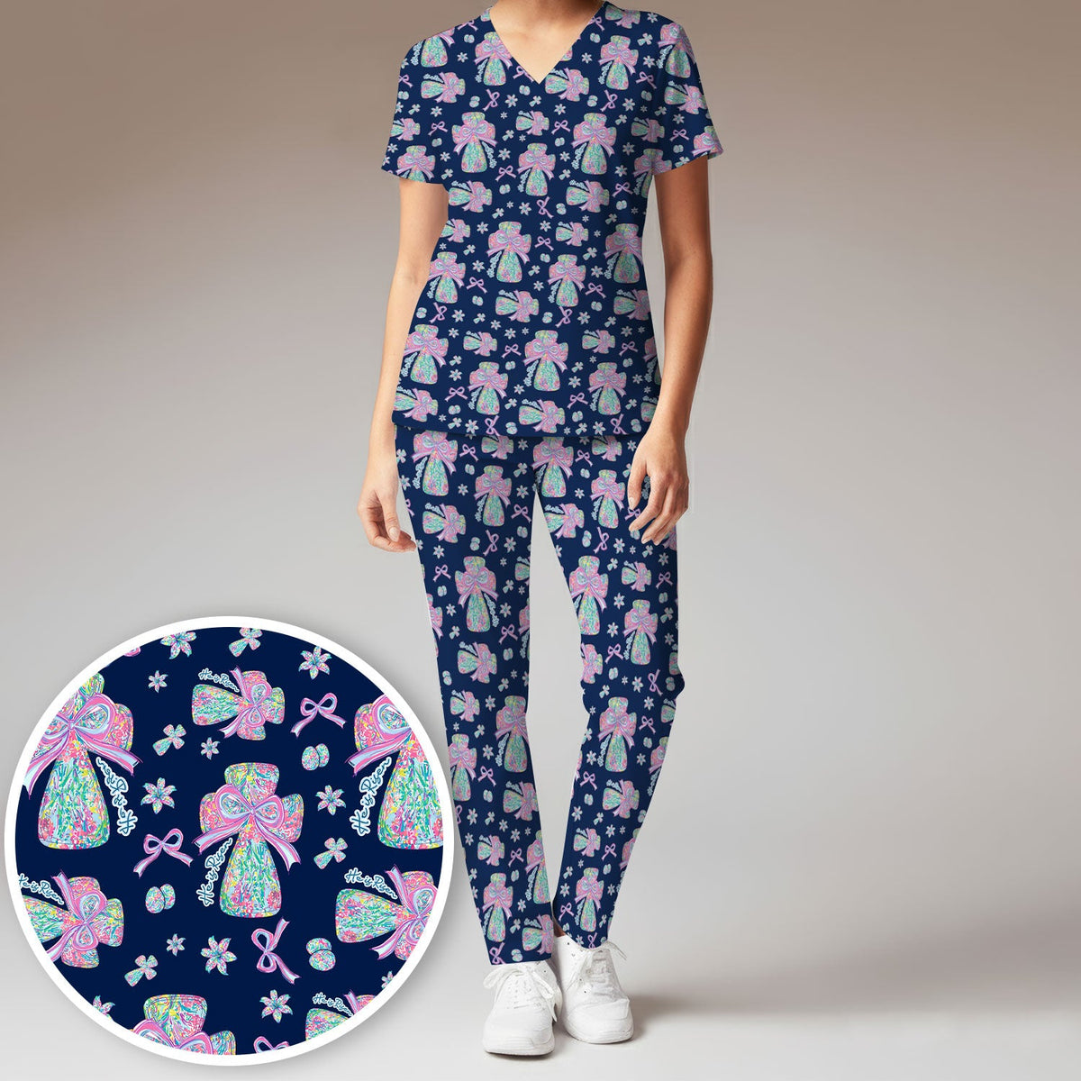Colorful Bow Nurse Scrub Set