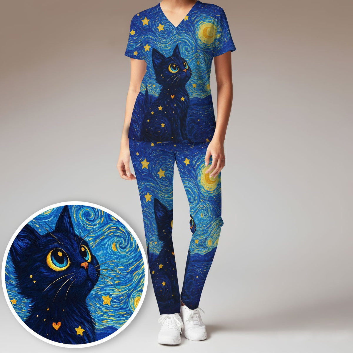 Black Cat Starry Night Nurse Scrub Set