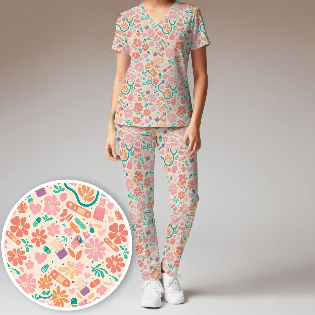 Medical Floral Nurse Scrub Set