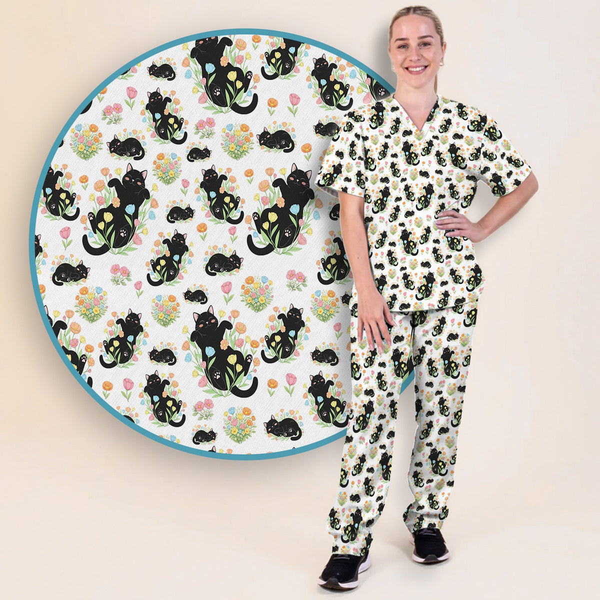 Cats Cute Poses Floral Nurse Scrub Set