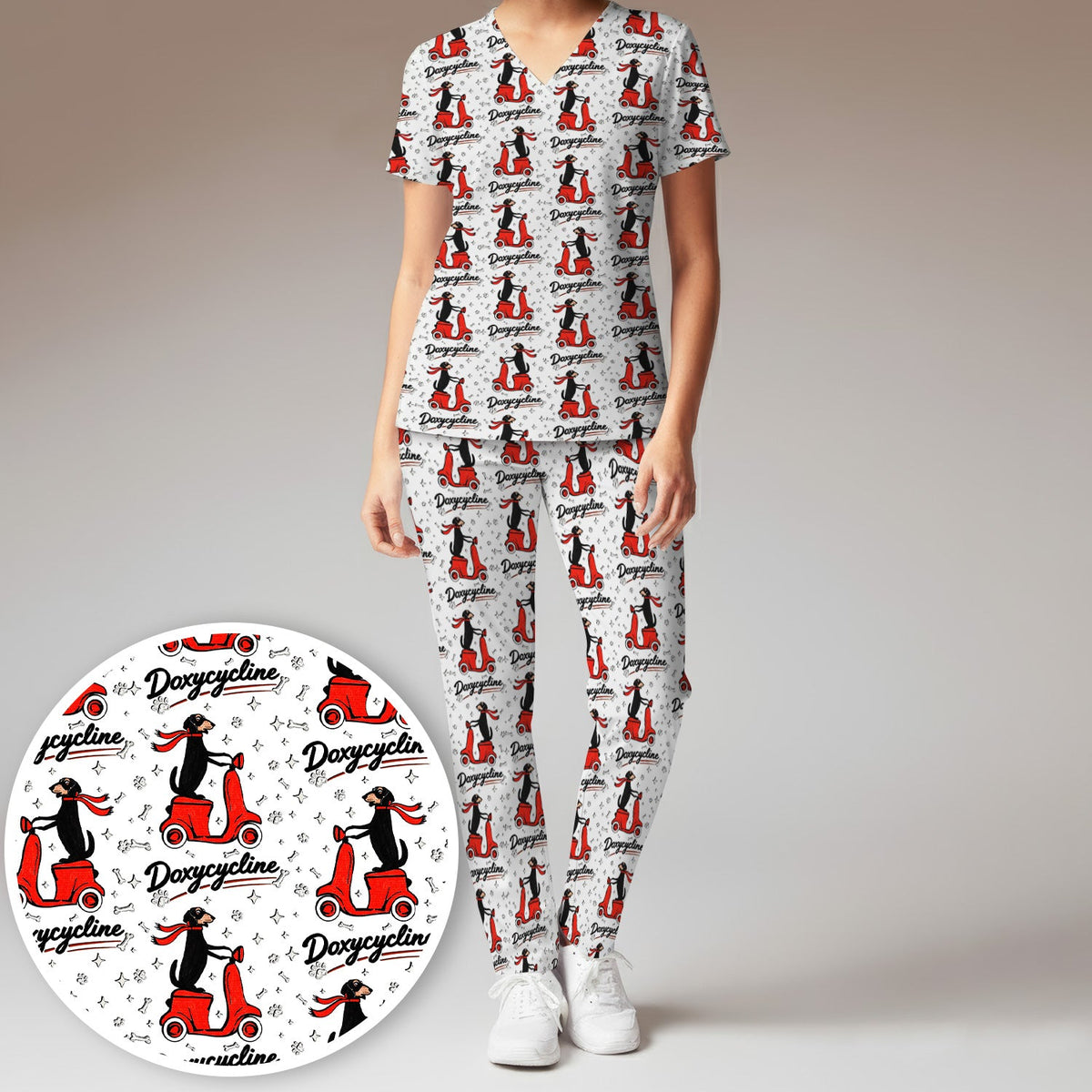 Dachshund Riding Scooter Nurse Scrub Set