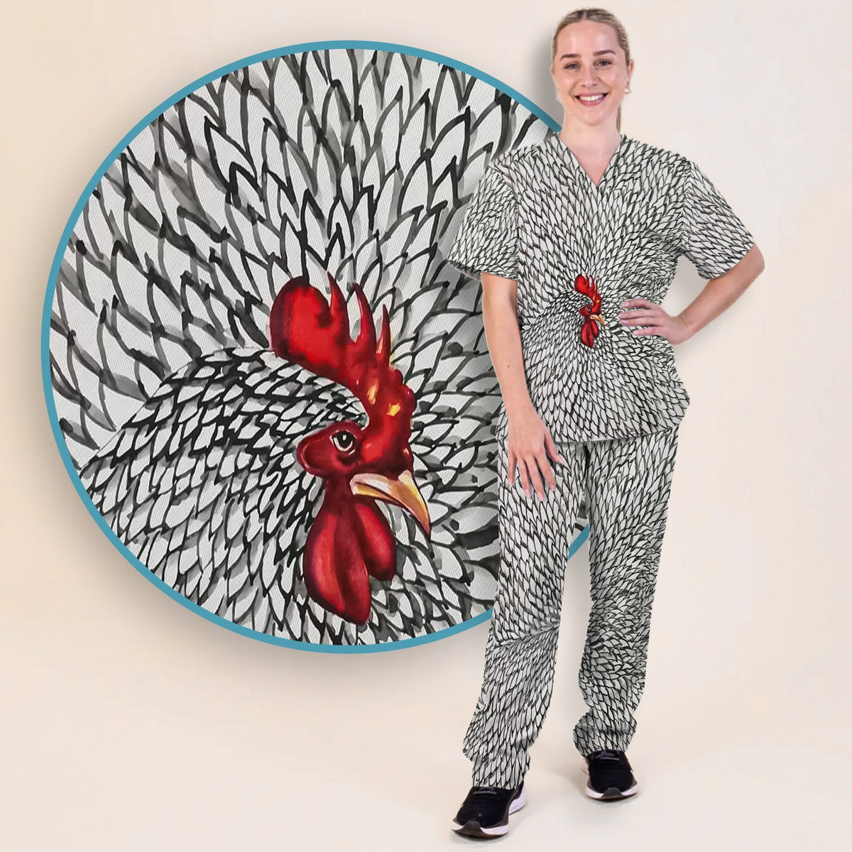 Watercolor Rooster Feather Nurse Scrub Set