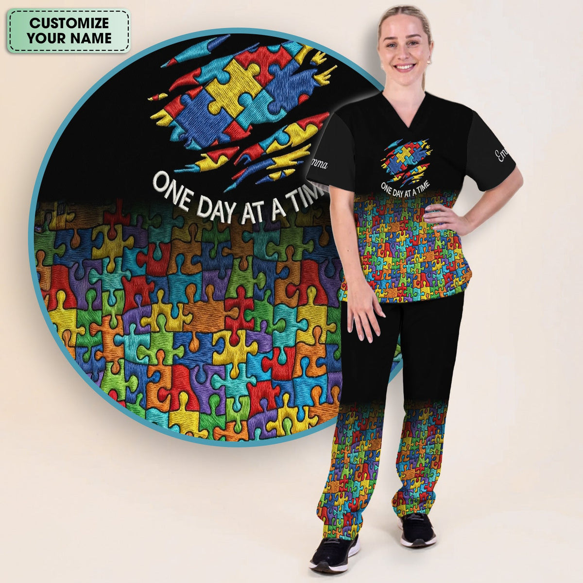 Personalized Autism Puzzle One Day At A Time Nurse Scrub Set