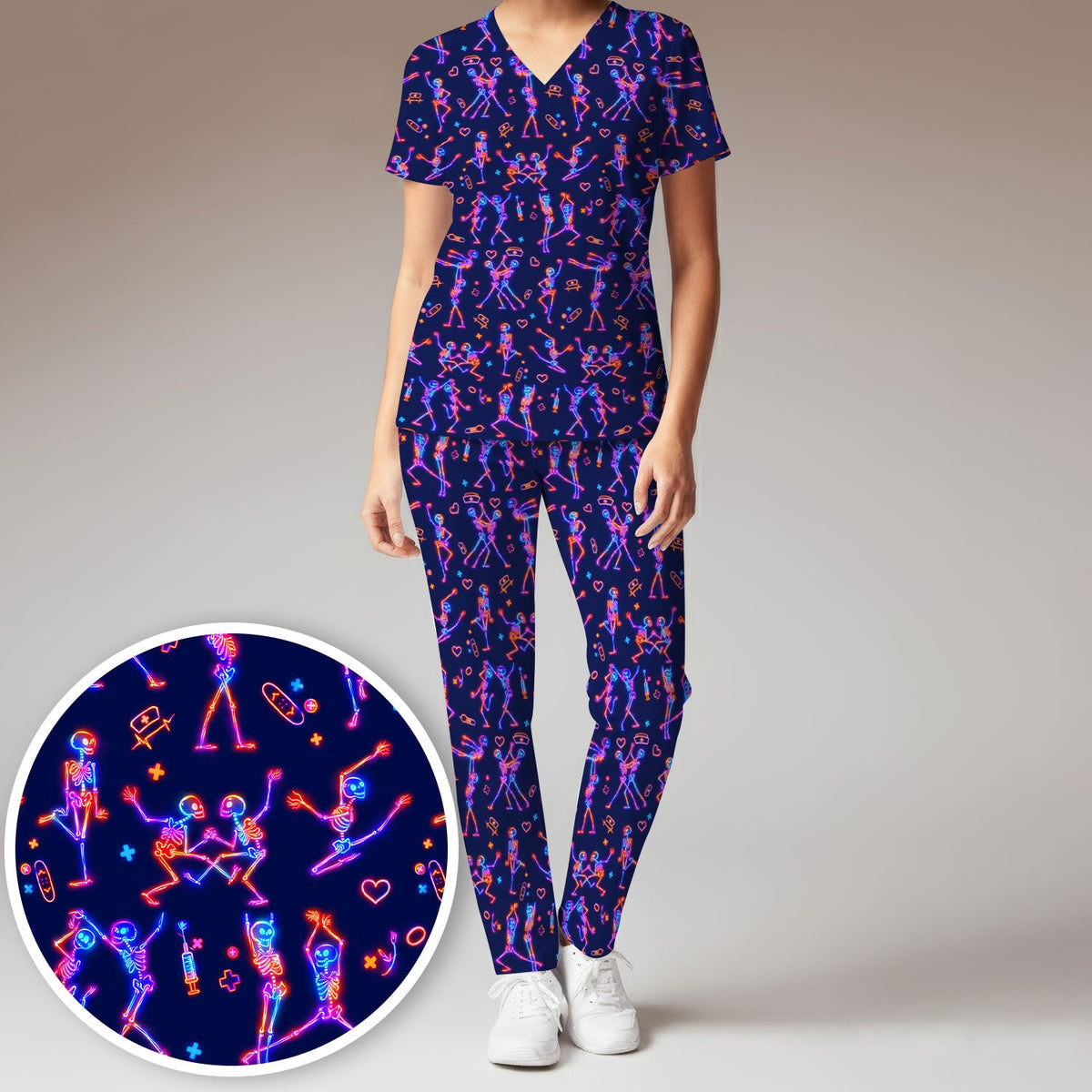Neon Dancing Skeleton Nurse Scrub Set