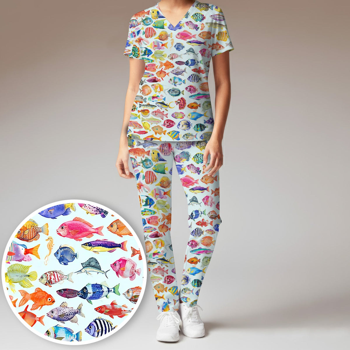 Colorful Tropical Fish Print Nurse Scrub Set