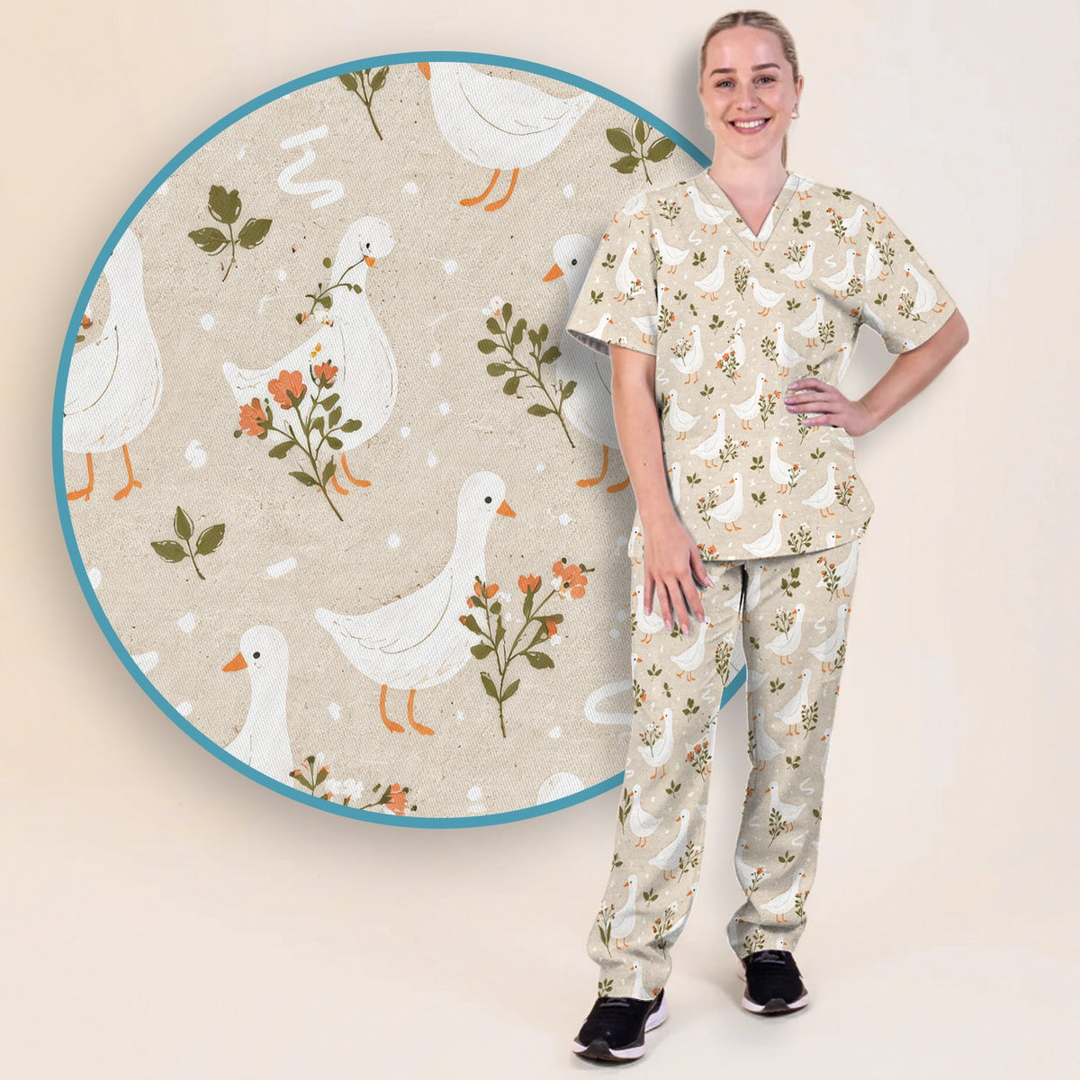 White Goose Floral Meadow Nurse Scrub Set