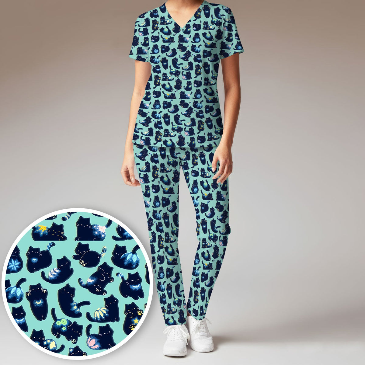 Midnight Black Cat Nurse Scrub Set