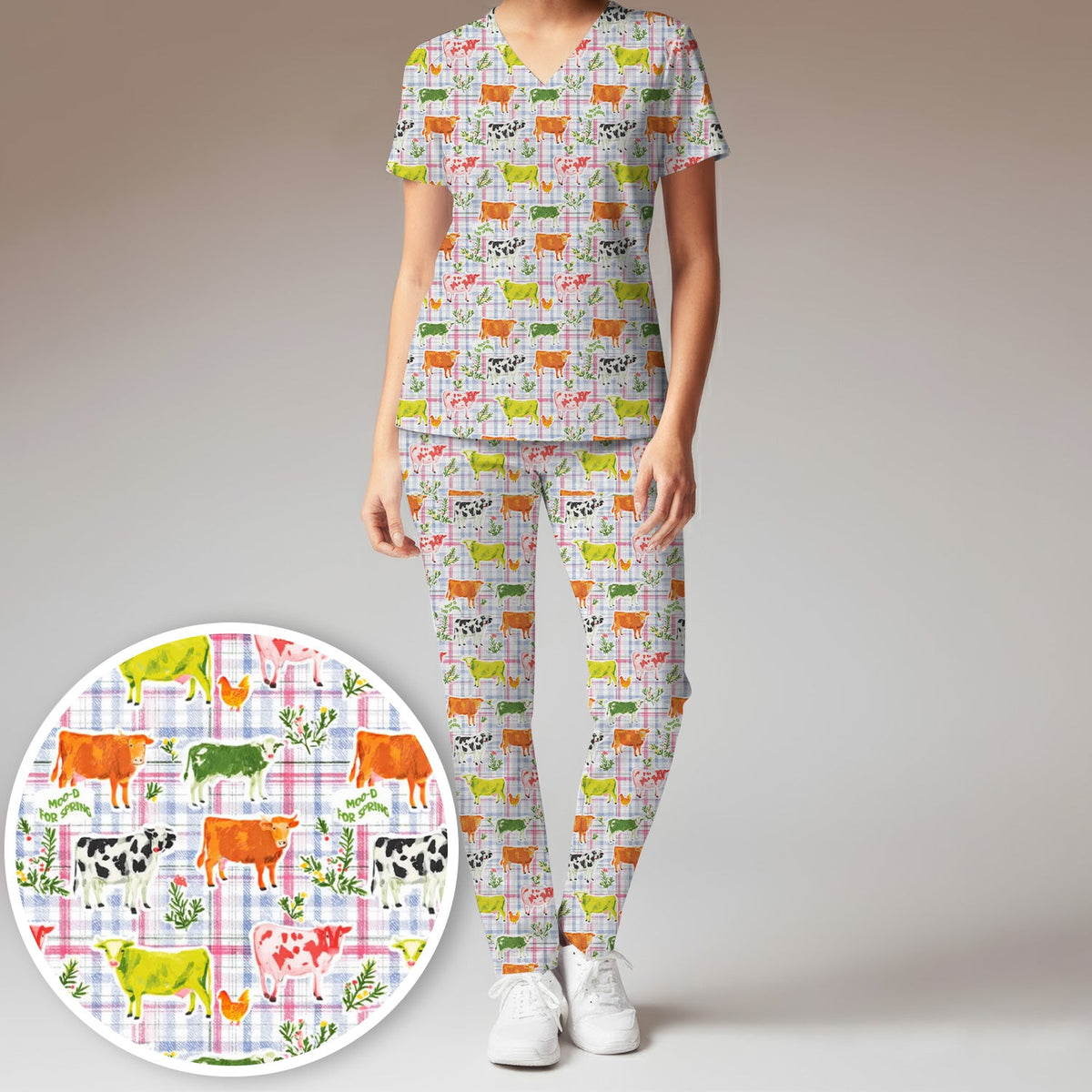 Colorful Farm Cow Plaid Nurse Scrub Set