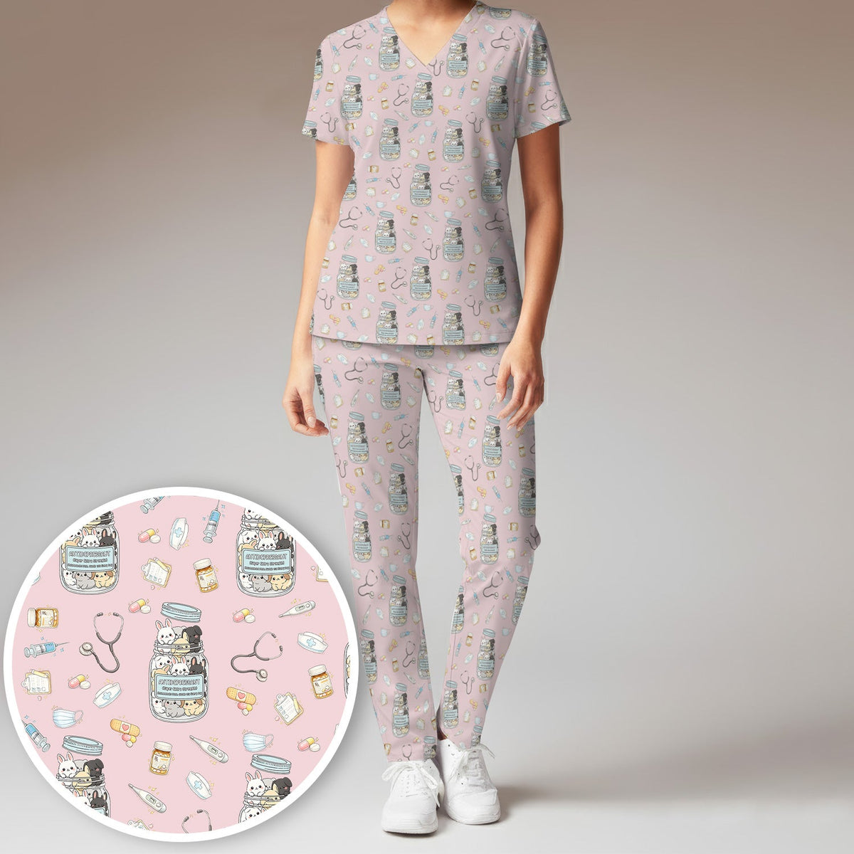 Whimsical Antidepressant Rabbit Jar Nurse Scrub Set