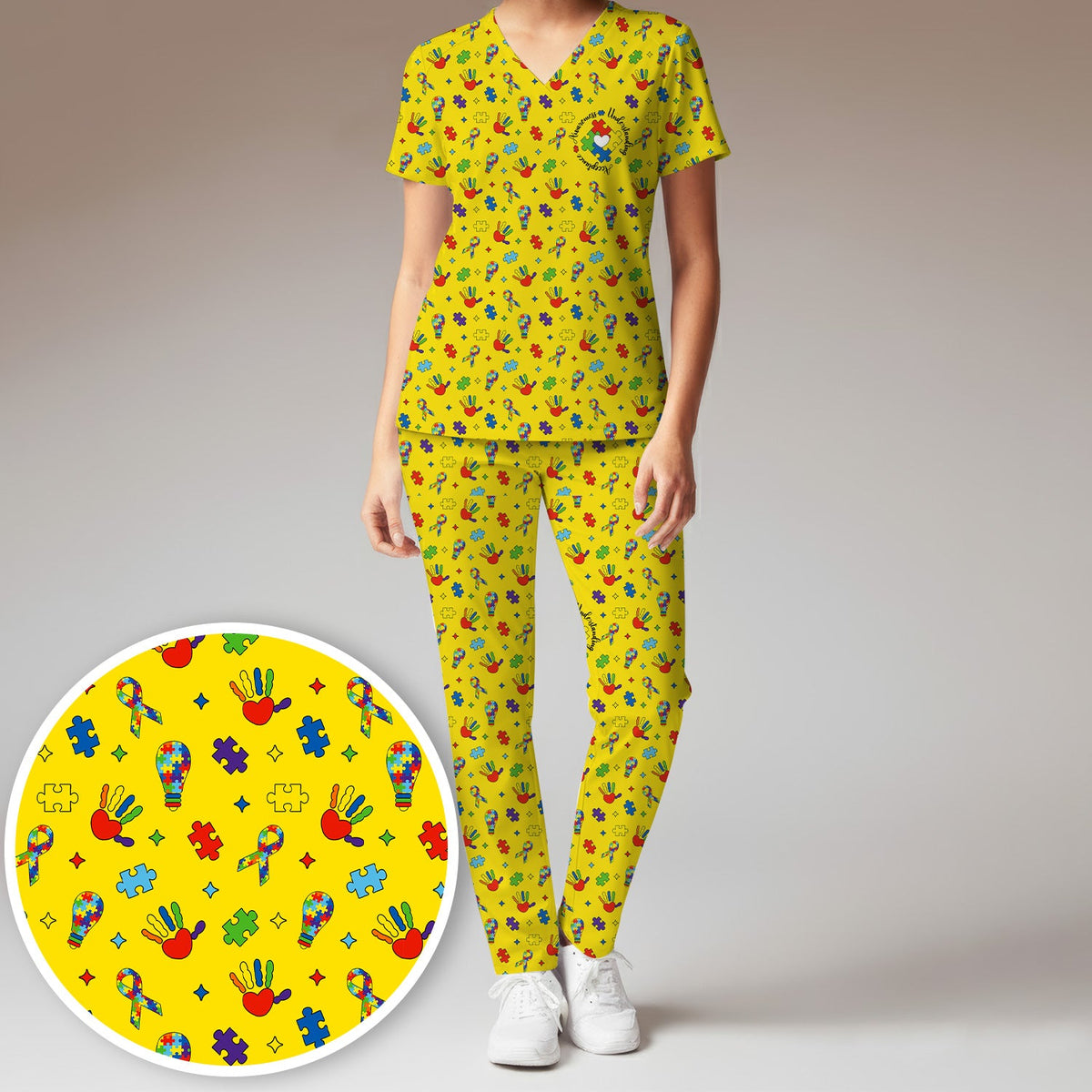 Autism Awareness Colorful Puzzle Nurse Scrub Set