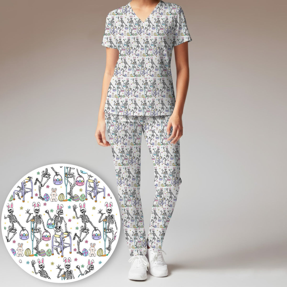 Fun Skeleton Bunny Nurse Scrub Set - Easter Gift