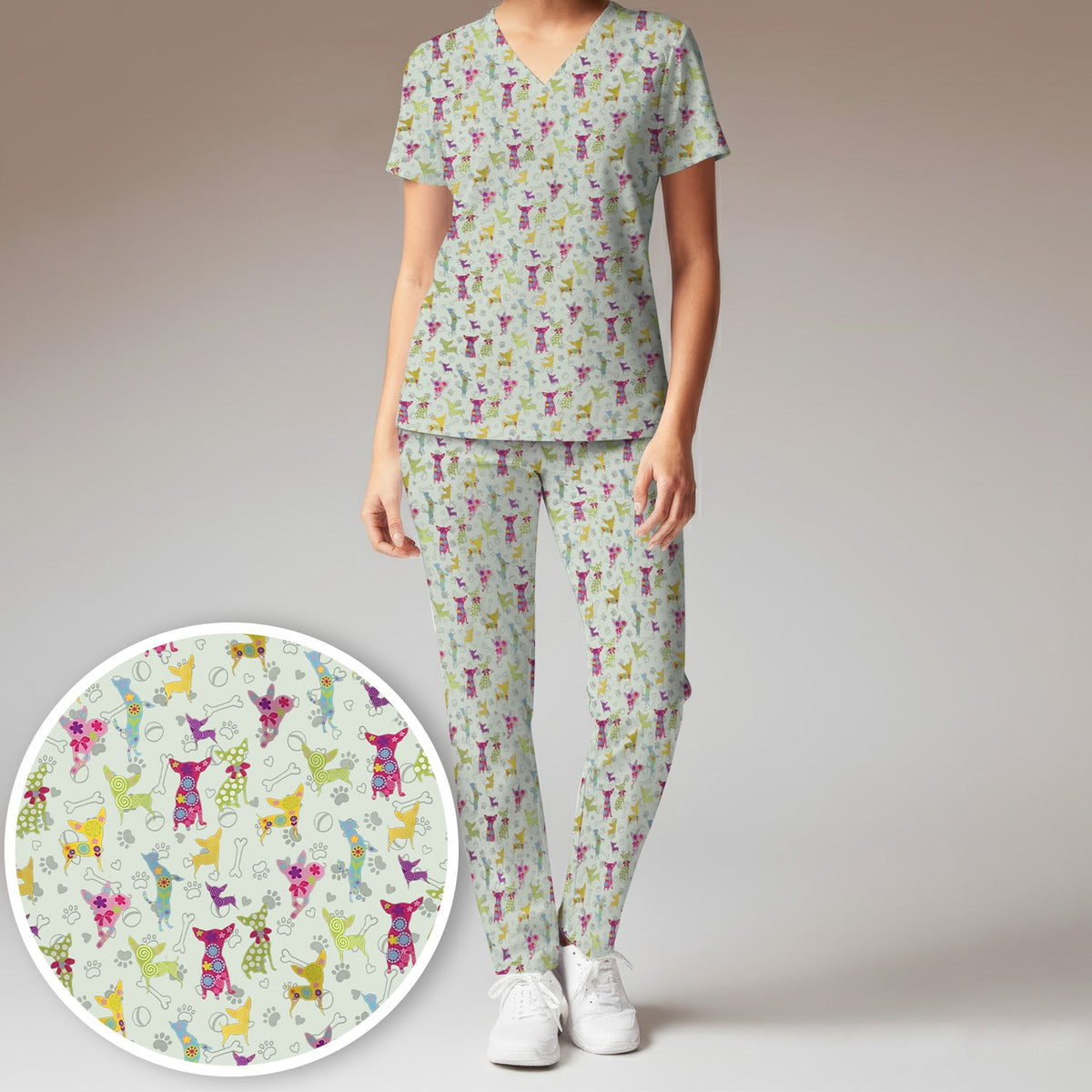 Colorful Playful Dog Nurse Scrub Set